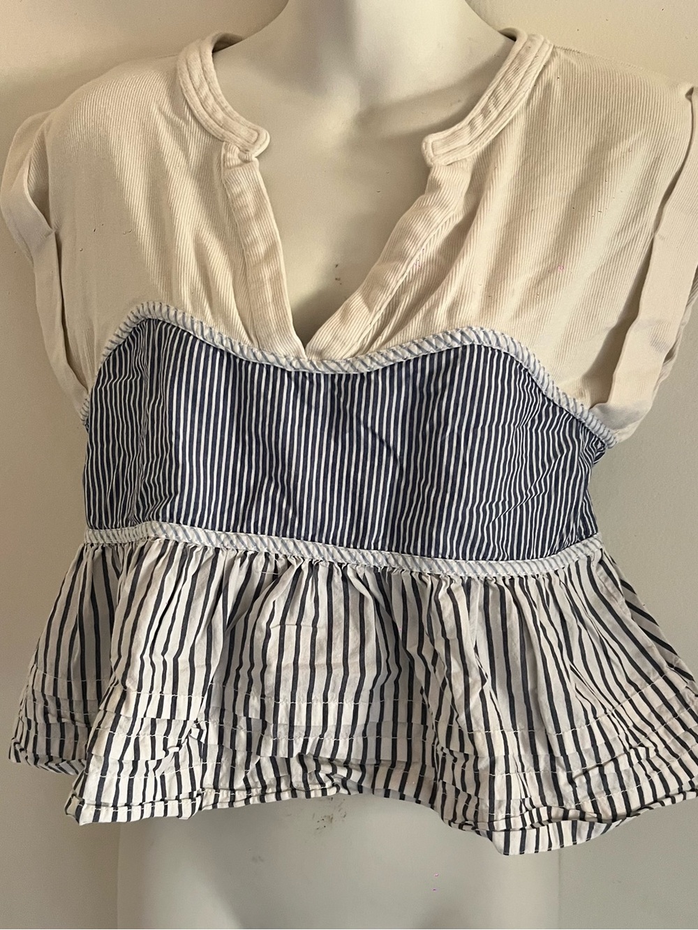 Pilcro Cream Top with Navy Striped Peplum